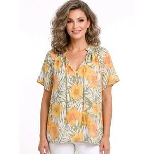 Alex & Parker Yellow Hibiscus Gathered V-neck Flutter Sleeve Blouse Size 2X NWOT